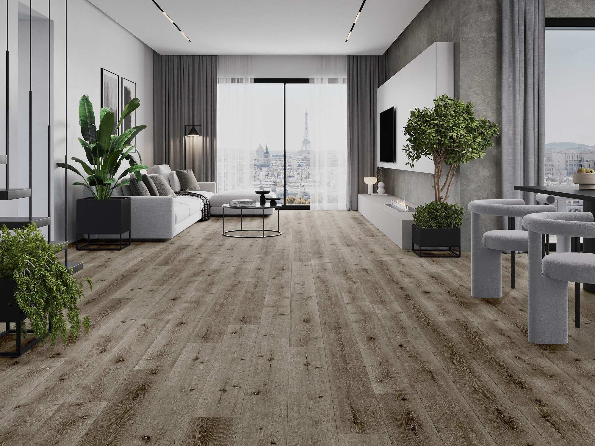 Nowoczesny salon z podłogą imitującą drewno